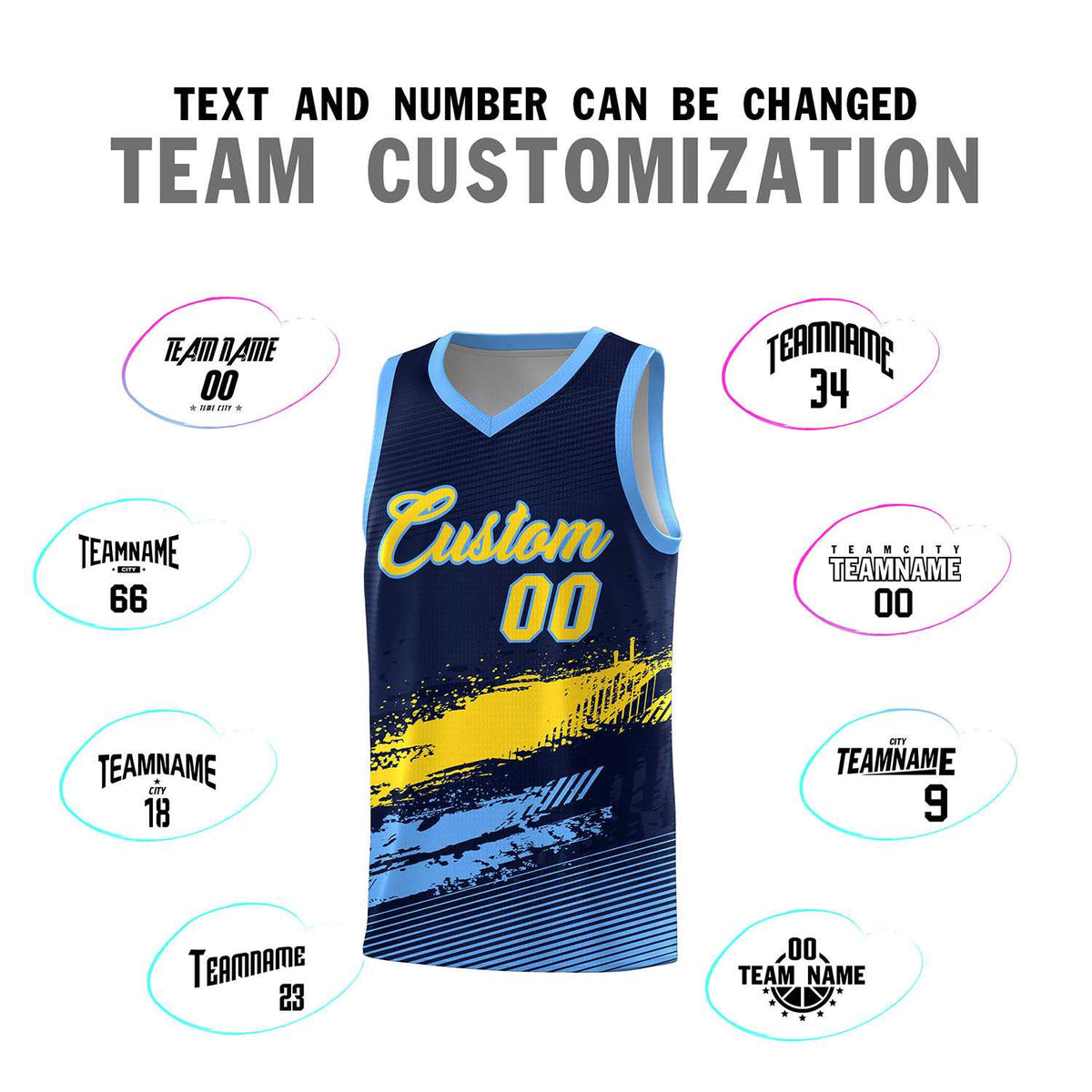 Custom Navy Gold and Powder Blue Graffiti Pattern Sports Uniform Basketball Jersey|KXKSHOP