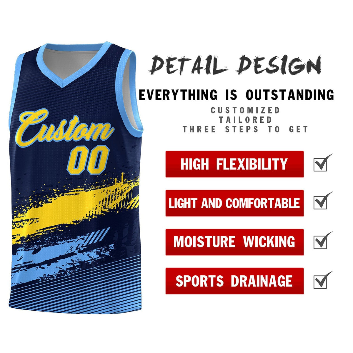 Custom Navy Gold and Powder Blue Graffiti Pattern Sports Uniform Basketball Jersey|KXKSHOP