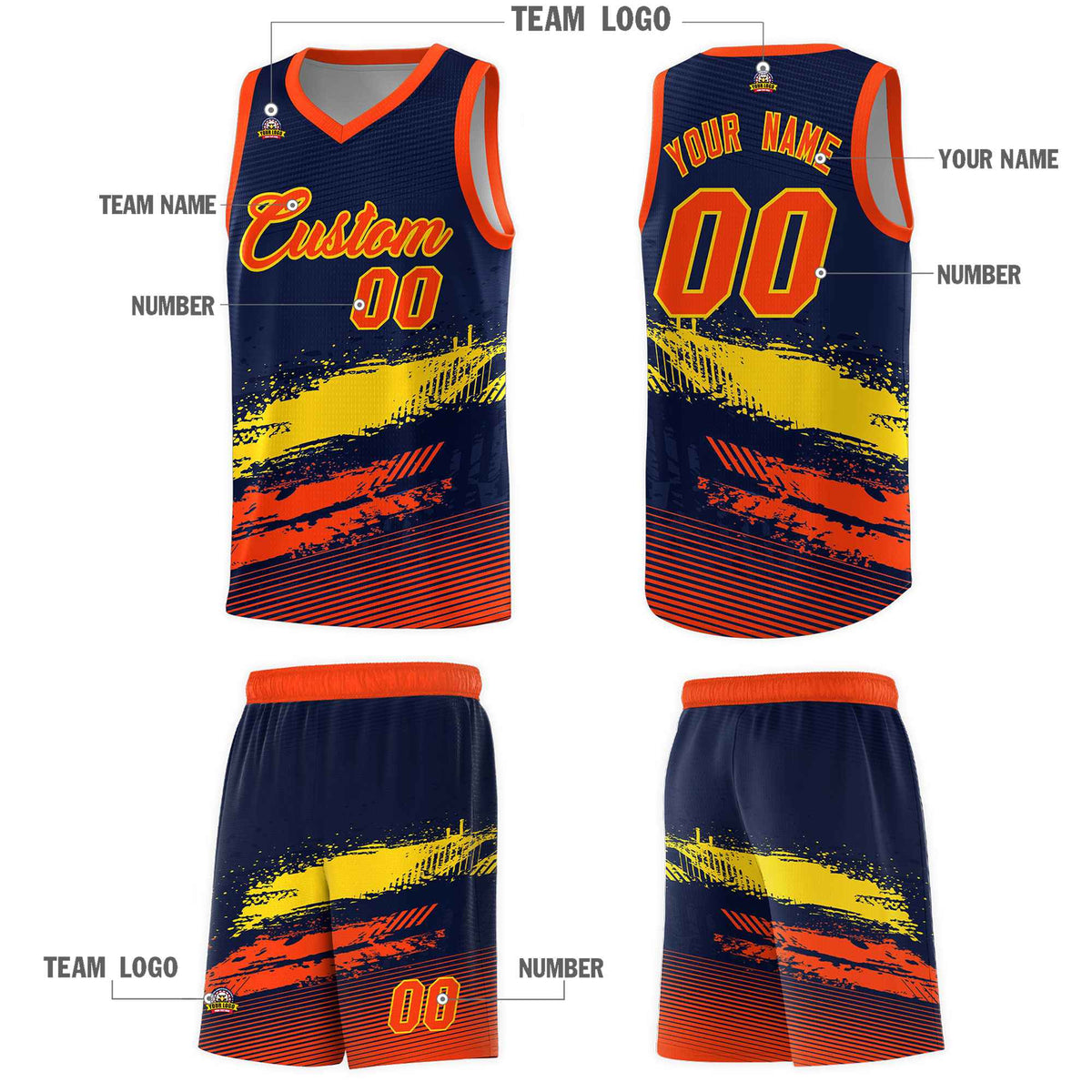 Custom Navy Gold and Orange Graffiti Pattern Sports Uniform Basketball Jersey|KXKSHOP