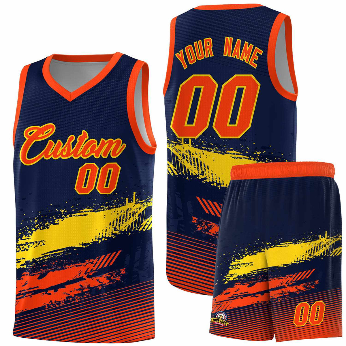 Custom Navy Gold and Orange Graffiti Pattern Sports Uniform Basketball Jersey|KXKSHOP