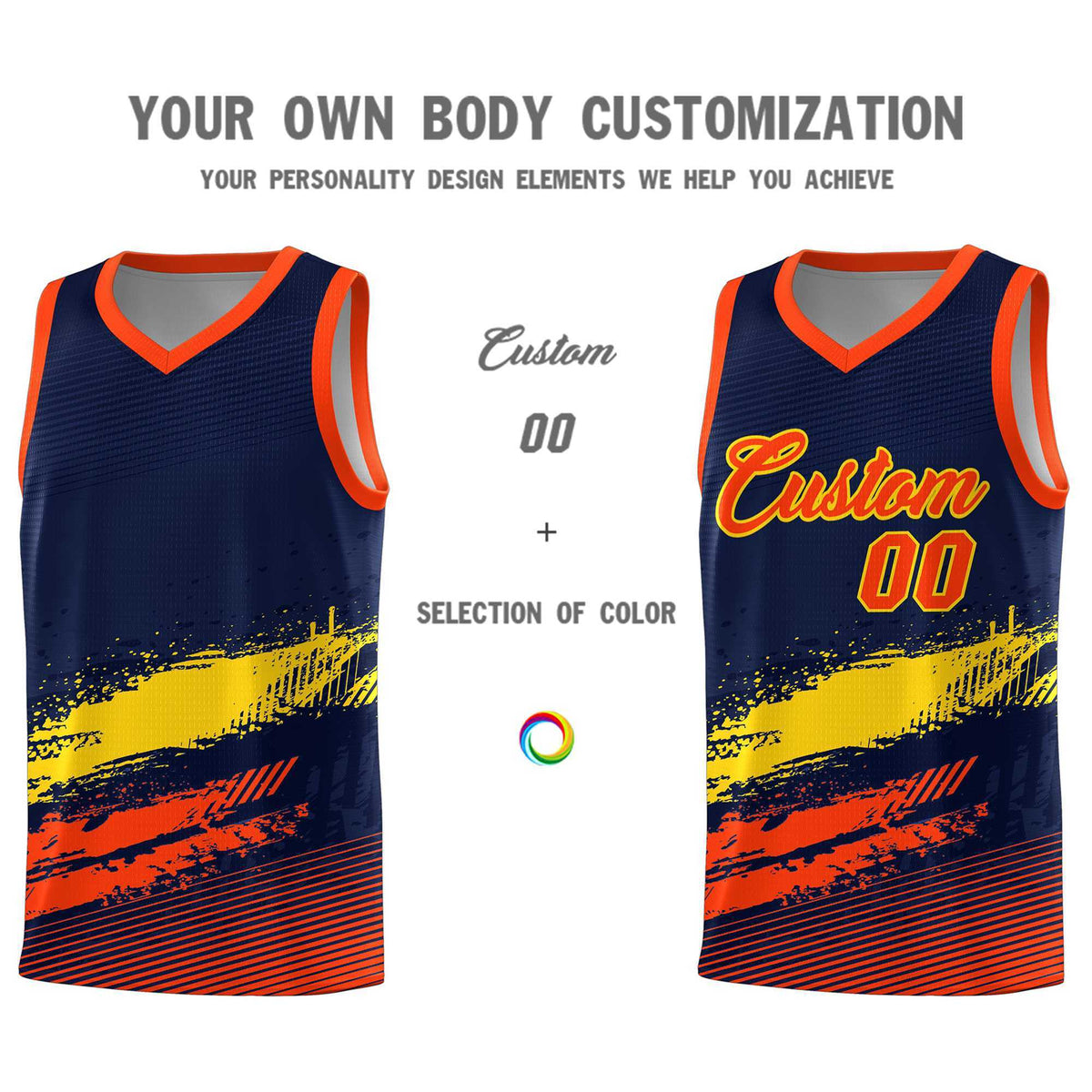 Custom Navy Gold and Orange Graffiti Pattern Sports Uniform Basketball Jersey|KXKSHOP