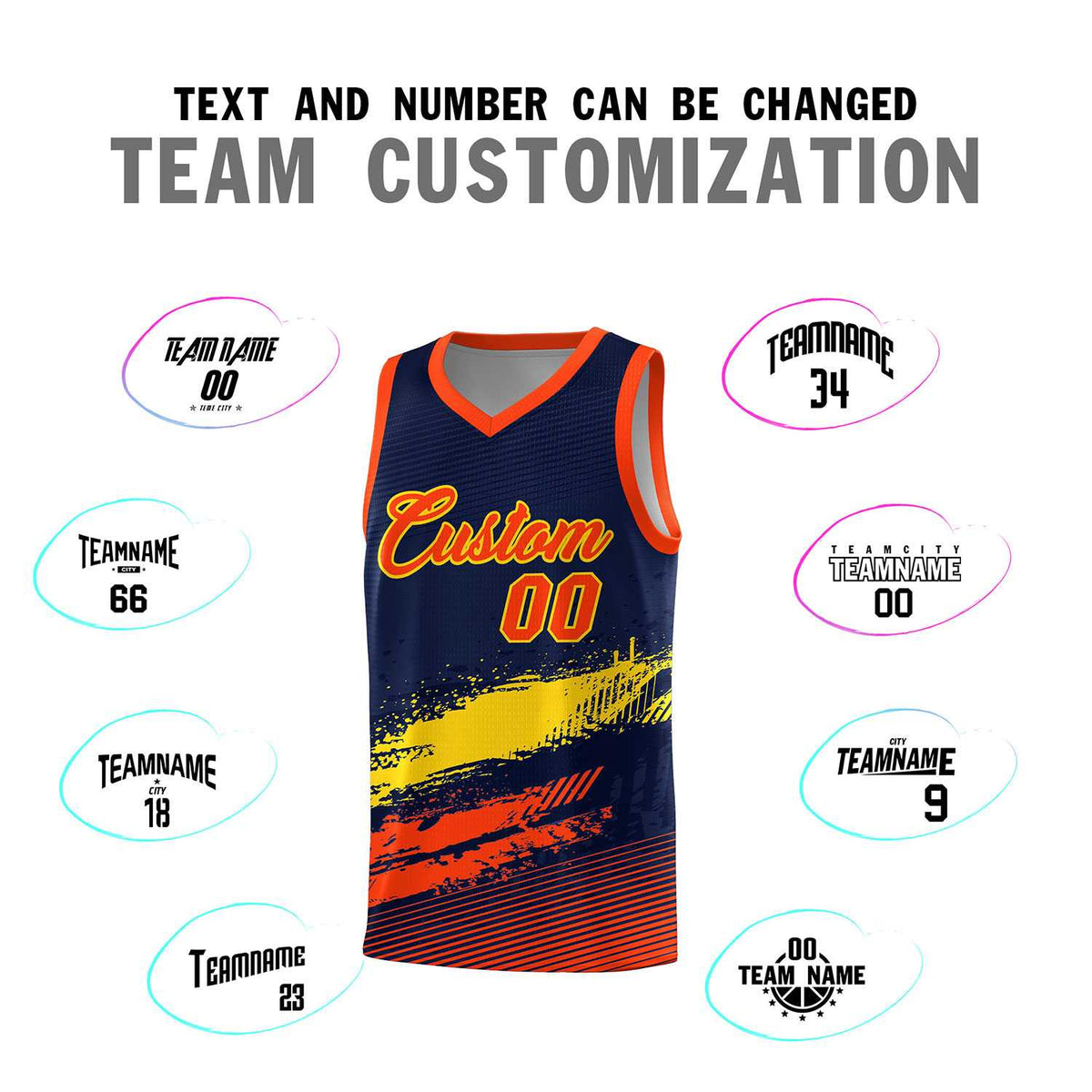 Custom Navy Gold and Orange Graffiti Pattern Sports Uniform Basketball Jersey|KXKSHOP