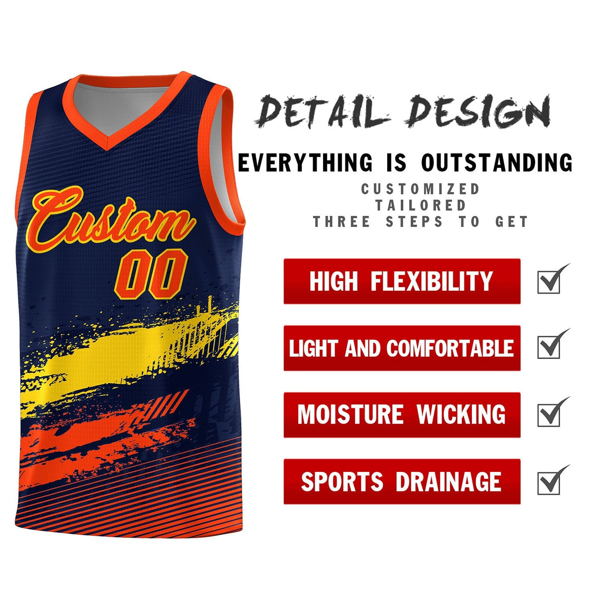 Custom Navy Gold and Orange Graffiti Pattern Sports Uniform Basketball Jersey|KXKSHOP