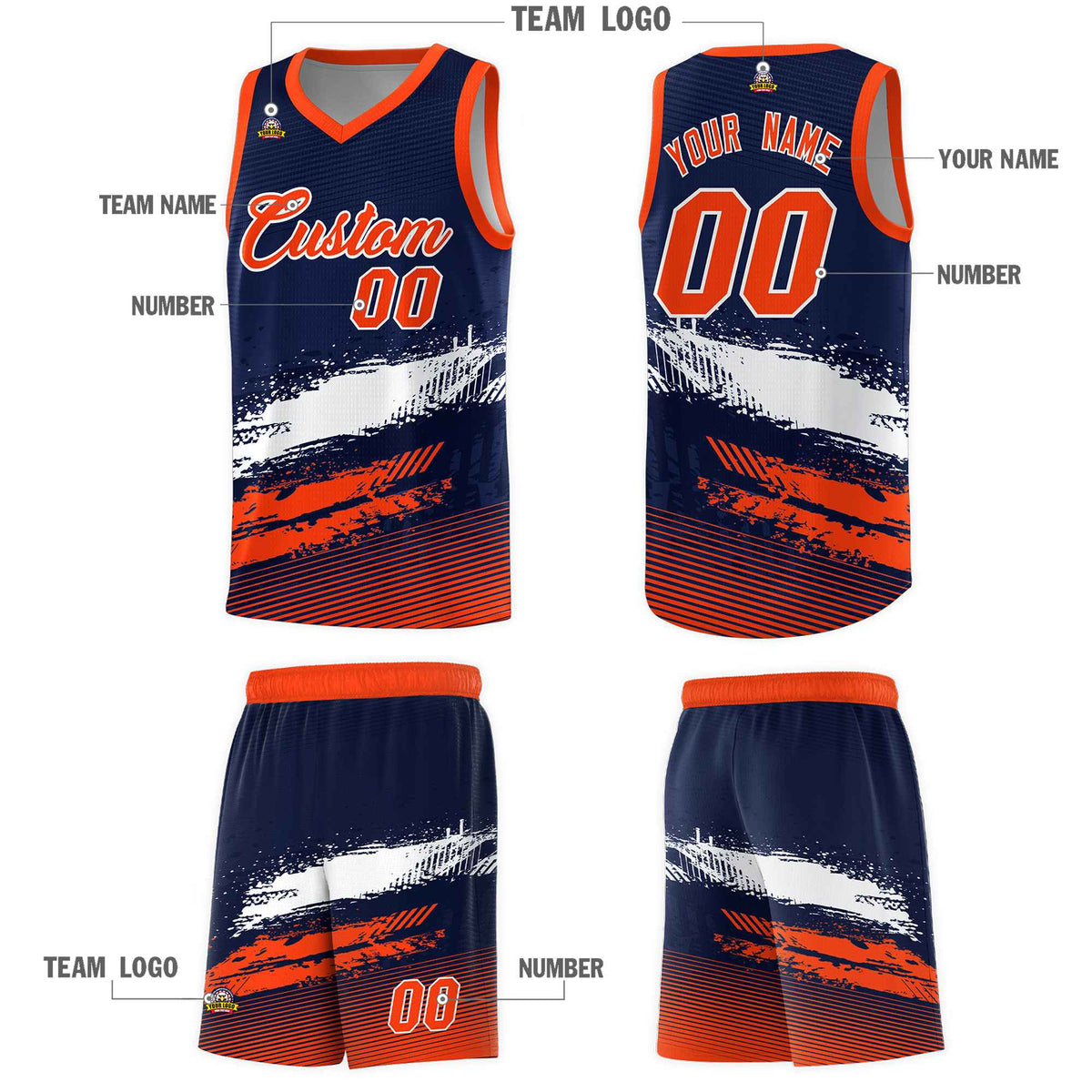 Custom Navy White and Orange Graffiti Pattern Sports Uniform Basketball Jersey|KXKSHOP