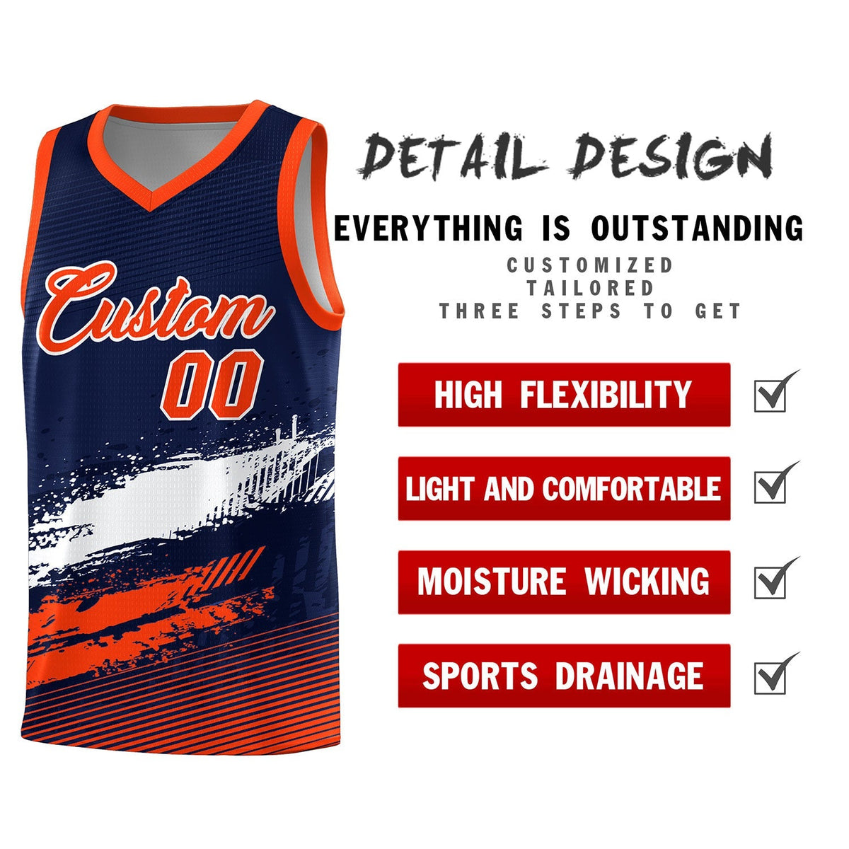 Custom Navy White and Orange Graffiti Pattern Sports Uniform Basketball Jersey|KXKSHOP