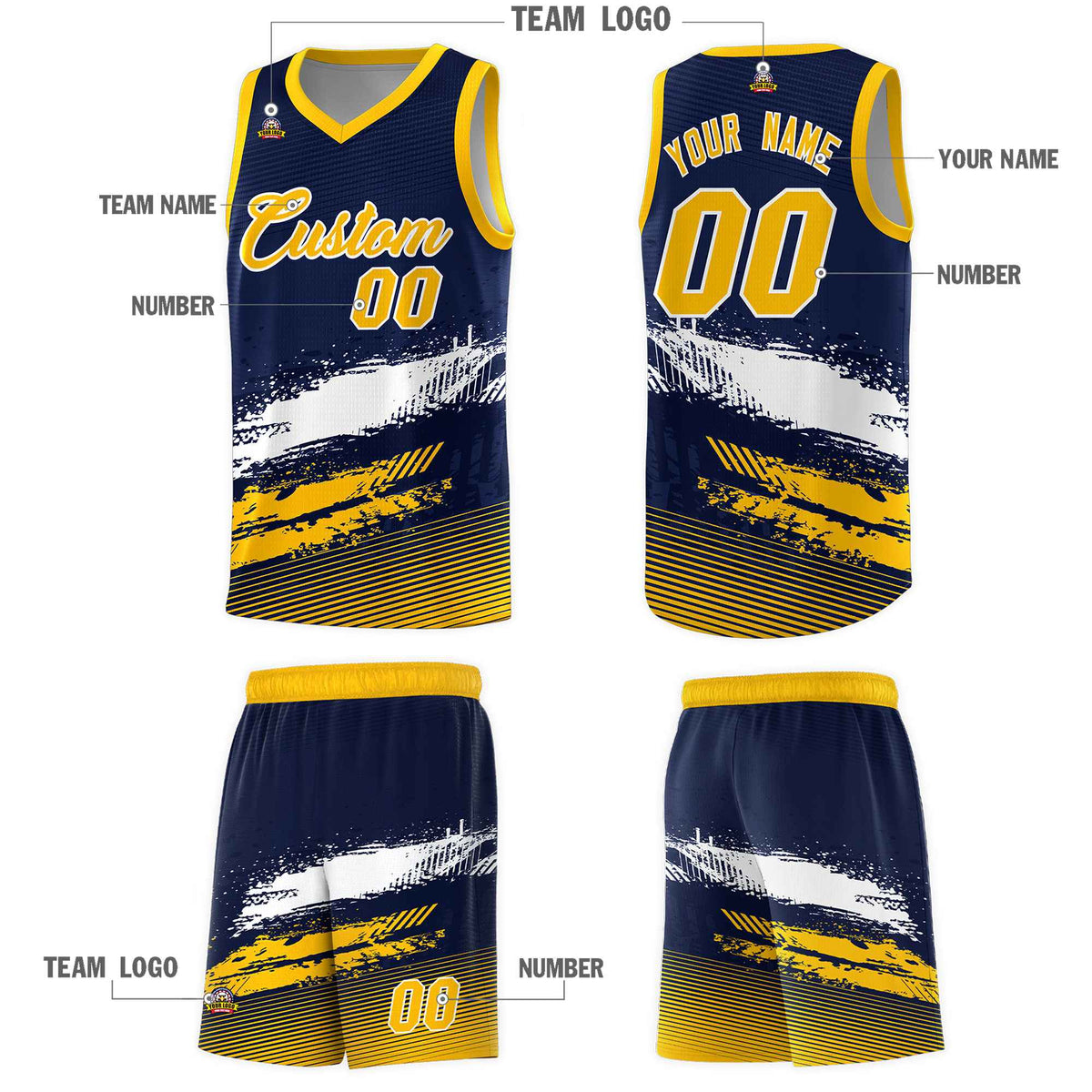 Custom Navy White and Yellow Graffiti Pattern Sports Uniform Basketball Jersey|KXKSHOP
