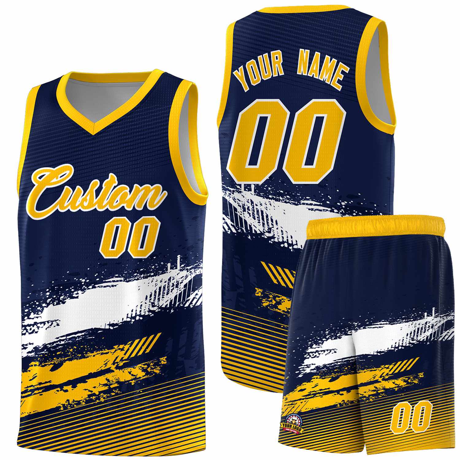 Custom Navy White and Yellow Graffiti Pattern Sports Uniform Basketball Jersey|KXKSHOP