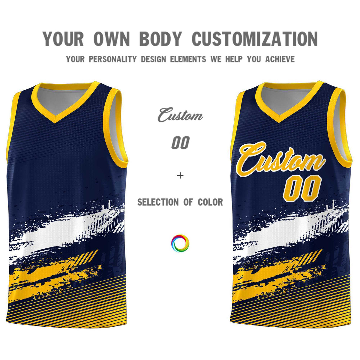 Custom Navy White and Yellow Graffiti Pattern Sports Uniform Basketball Jersey|KXKSHOP