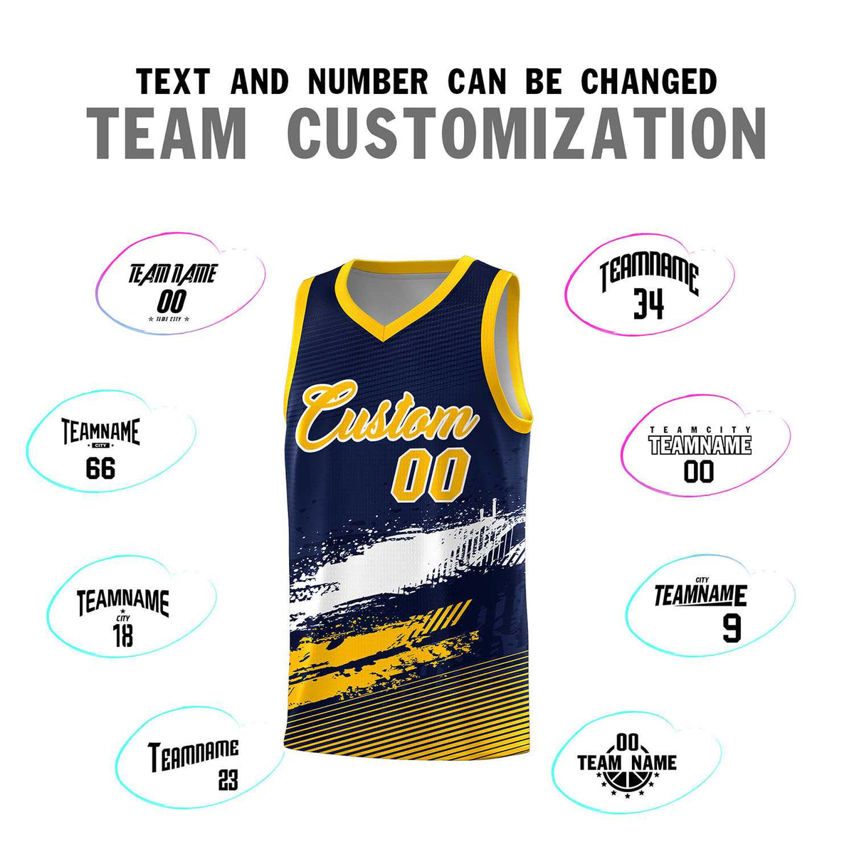 Custom Navy White and Yellow Graffiti Pattern Sports Uniform Basketball Jersey|KXKSHOP