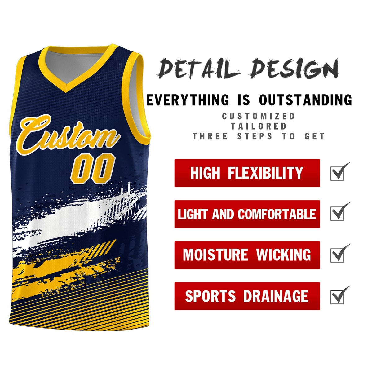 Custom Navy White and Yellow Graffiti Pattern Sports Uniform Basketball Jersey|KXKSHOP