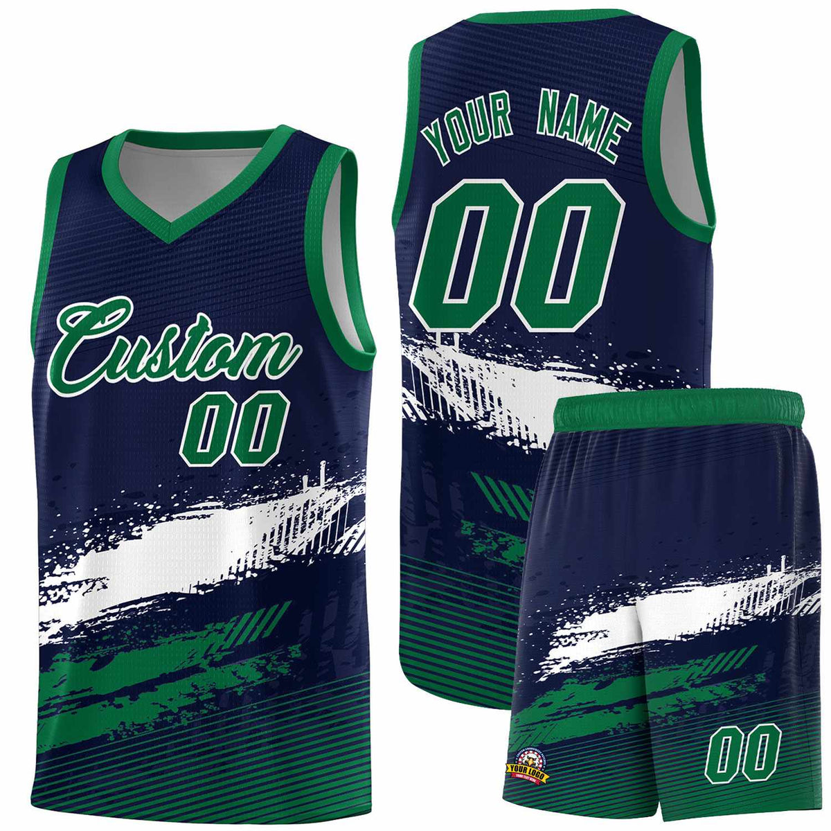 Custom Navy White and Kelly Green Graffiti Pattern Sports Uniform Basketball Jersey|KXKSHOP
