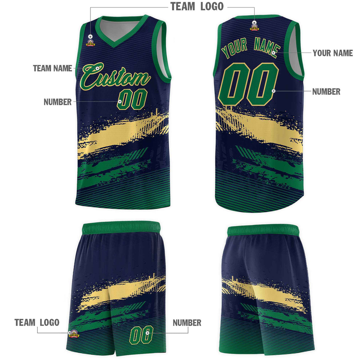 Custom Navy Khaki and Kelly Green Graffiti Pattern Sports Uniform Basketball Jersey|KXKSHOP