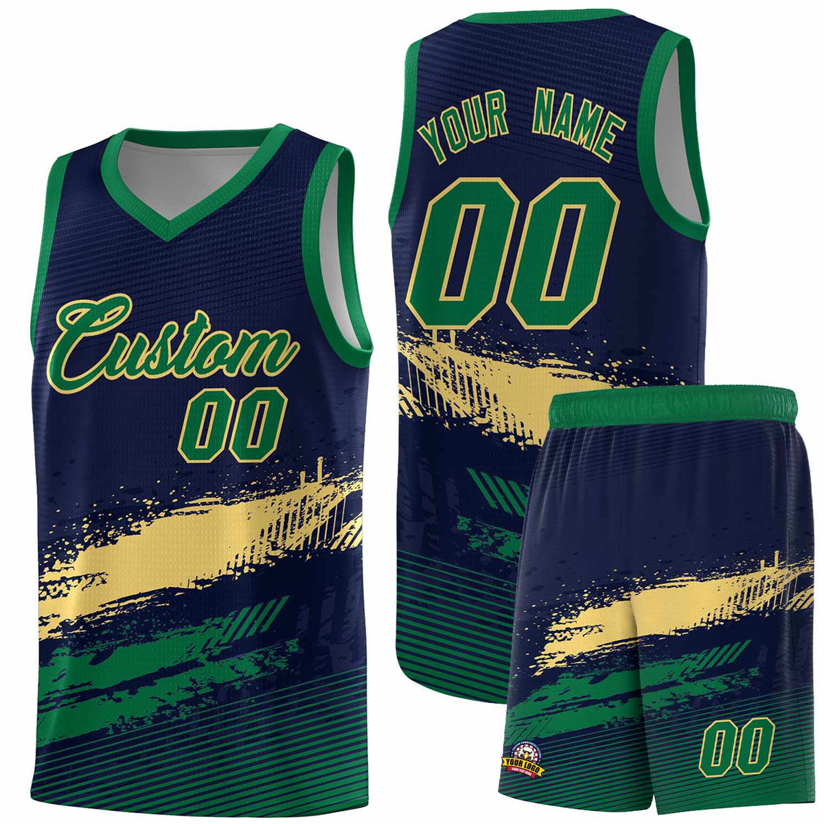 Custom Navy Khaki and Kelly Green Graffiti Pattern Sports Uniform Basketball Jersey|KXKSHOP