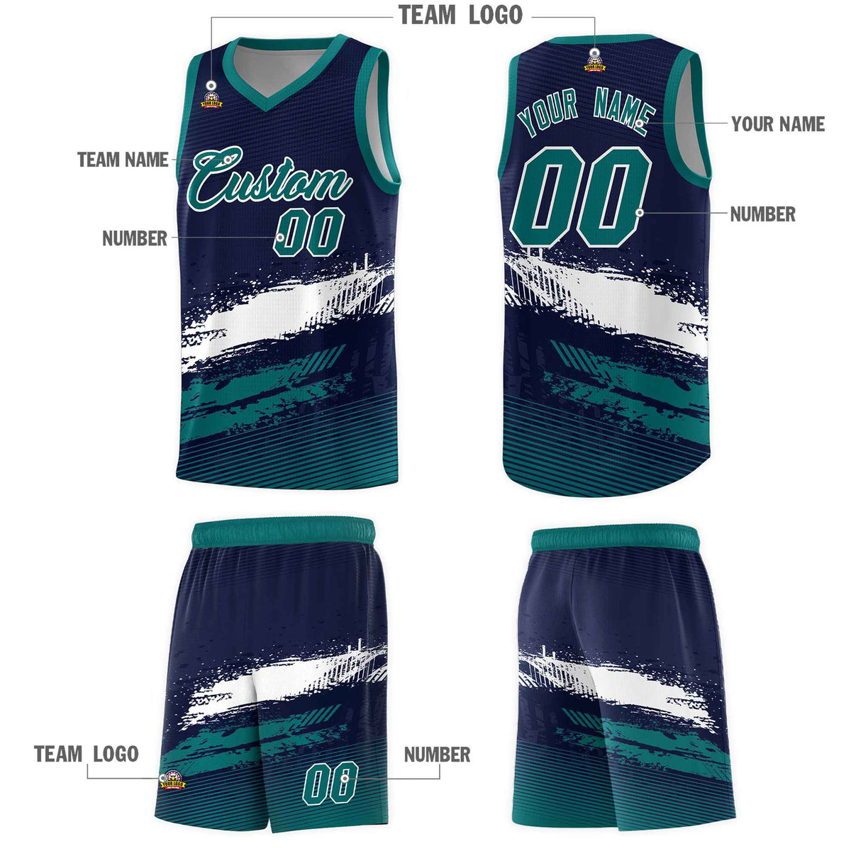 Custom Navy White and Aqua Graffiti Pattern Sports Uniform Basketball Jersey|KXKSHOP