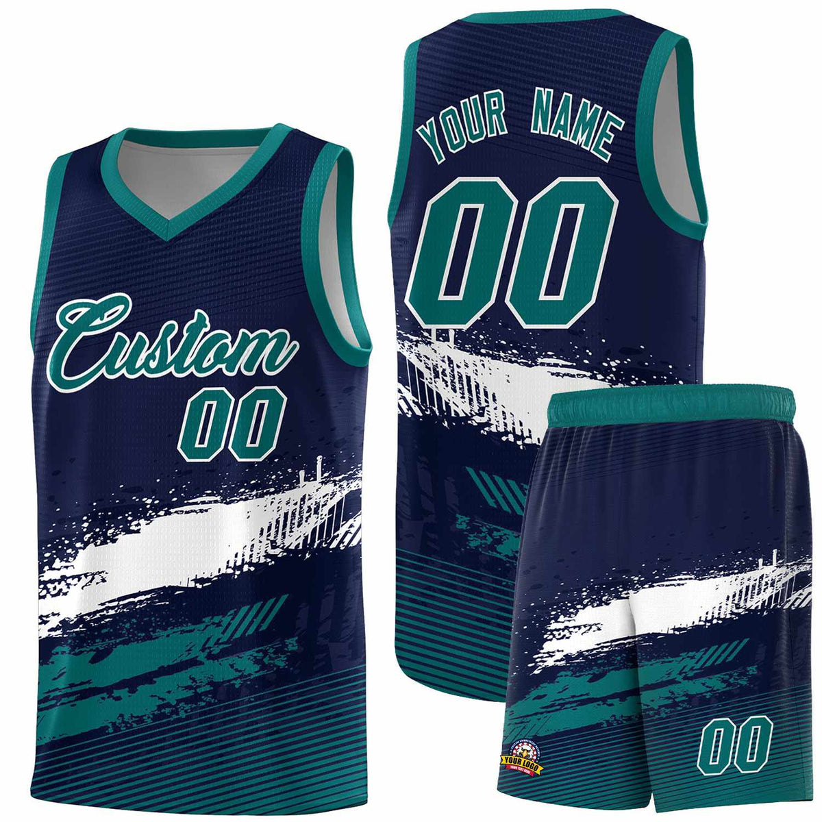 Custom Navy White and Aqua Graffiti Pattern Sports Uniform Basketball Jersey|KXKSHOP