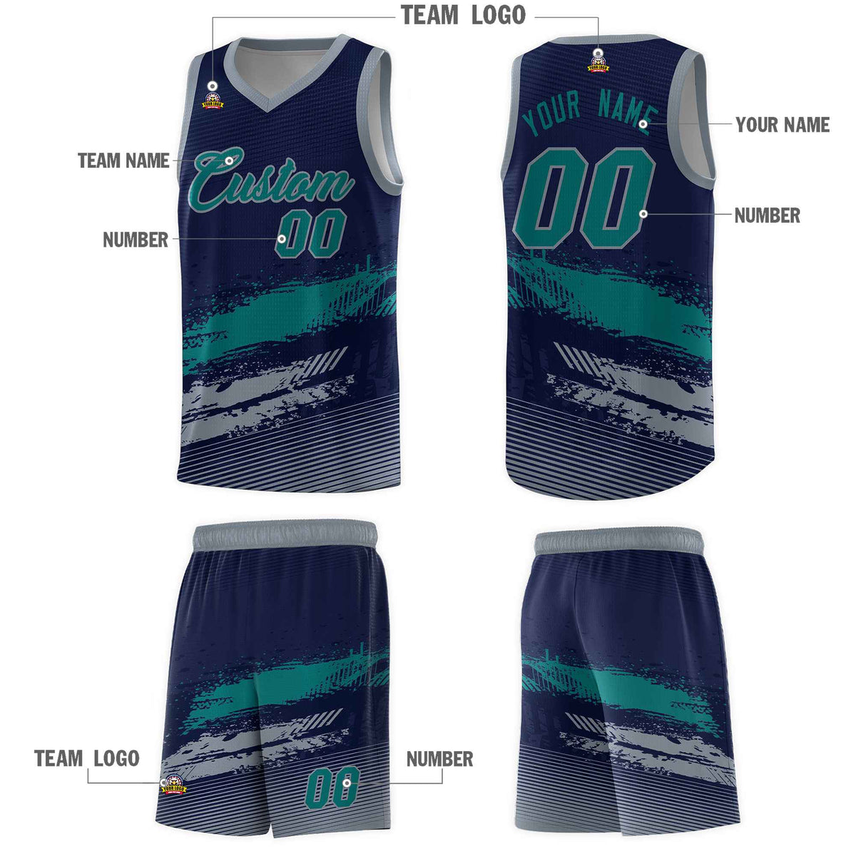 Custom Navy Aqua and Gray Graffiti Pattern Sports Uniform Basketball Jersey|KXKSHOP