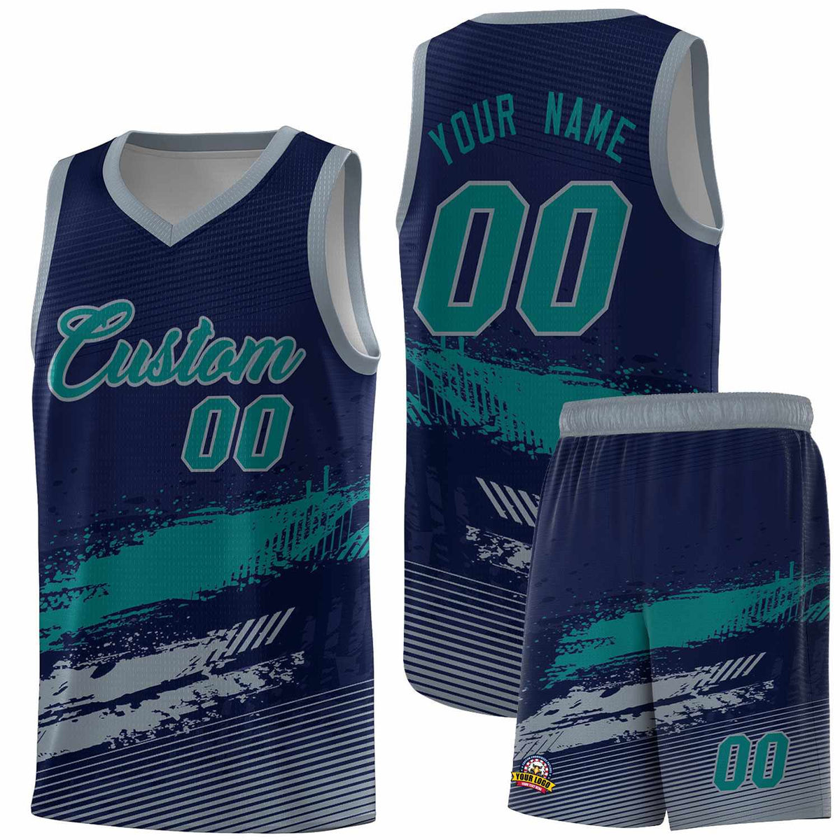 Custom Navy Aqua and Gray Graffiti Pattern Sports Uniform Basketball Jersey|KXKSHOP