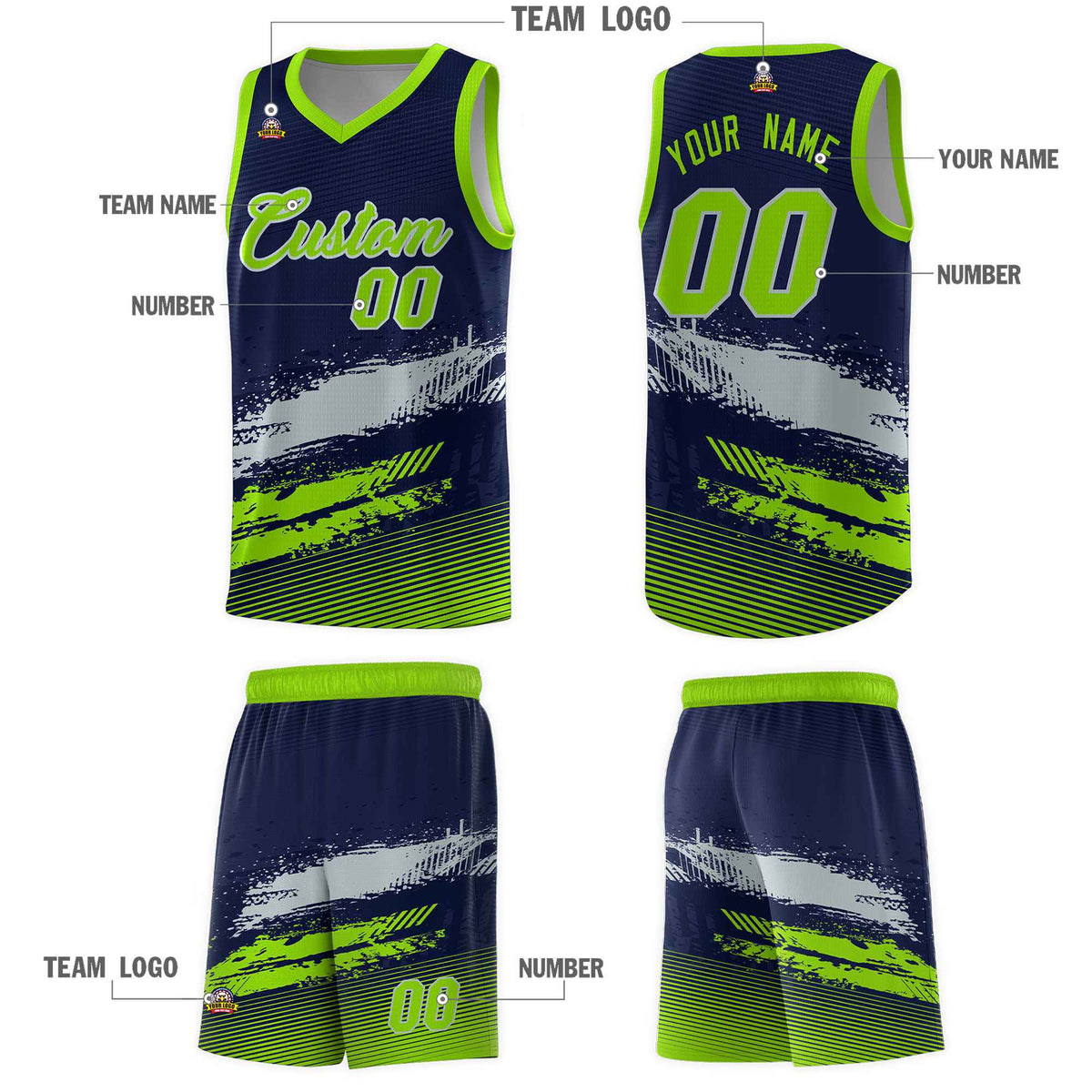 Custom Navy Gray and Neon Green Graffiti Pattern Sports Uniform Basketball Jersey|KXKSHOP