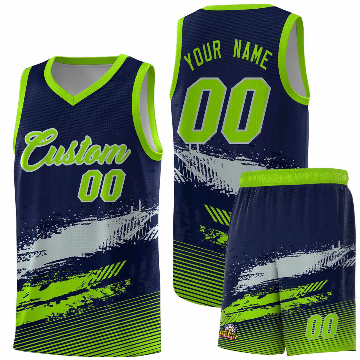 Custom Navy Gray and Neon Green Graffiti Pattern Sports Uniform Basketball Jersey|KXKSHOP