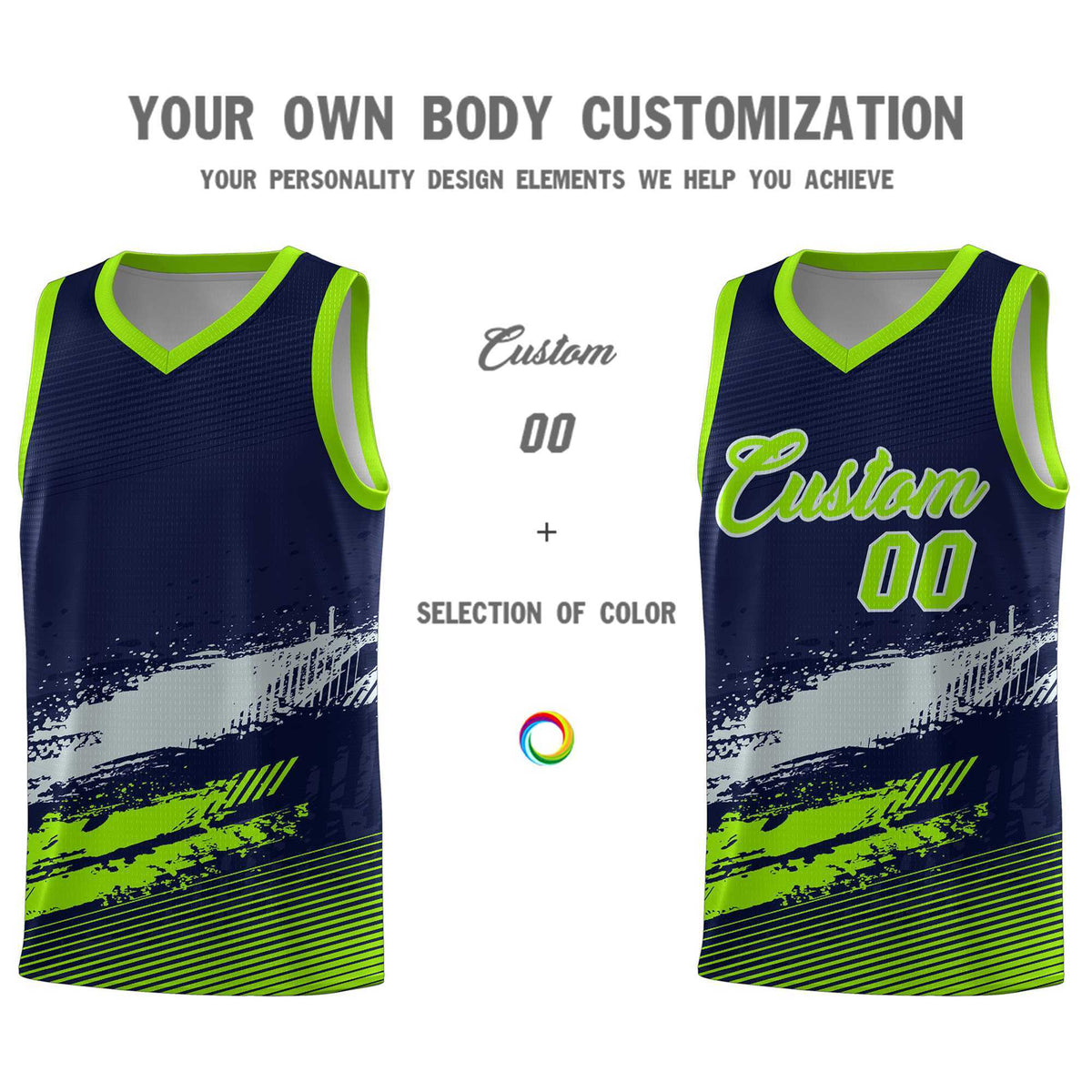 Custom Navy Gray and Neon Green Graffiti Pattern Sports Uniform Basketball Jersey|KXKSHOP