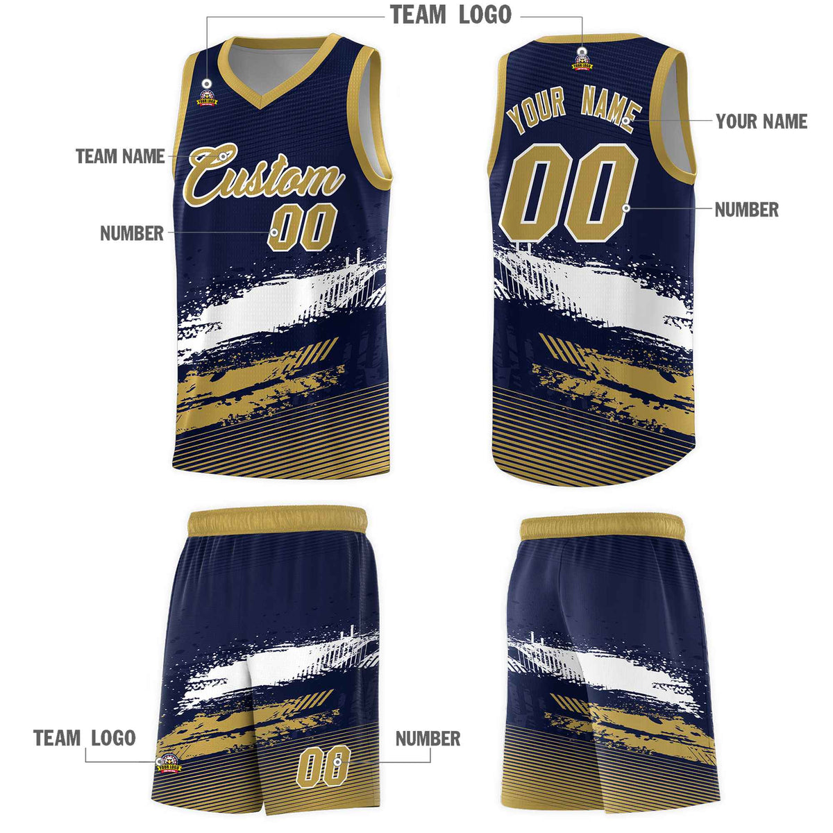 Custom Navy White and Old Gold Graffiti Pattern Sports Uniform Basketball Jersey|KXKSHOP