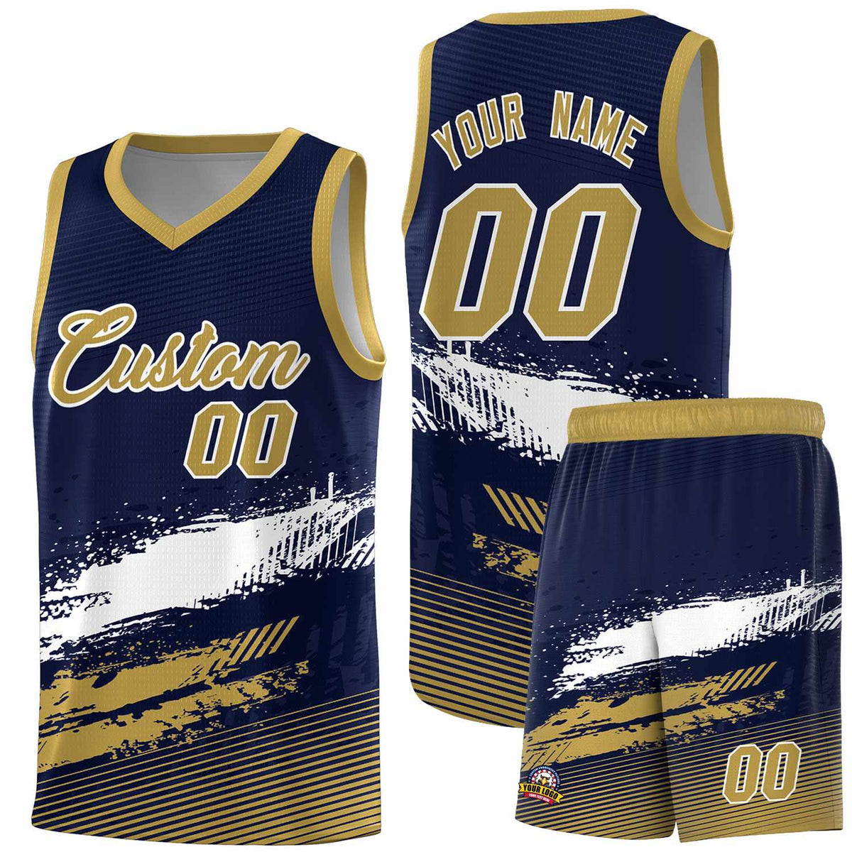 Custom Navy White and Old Gold Graffiti Pattern Sports Uniform Basketball Jersey|KXKSHOP