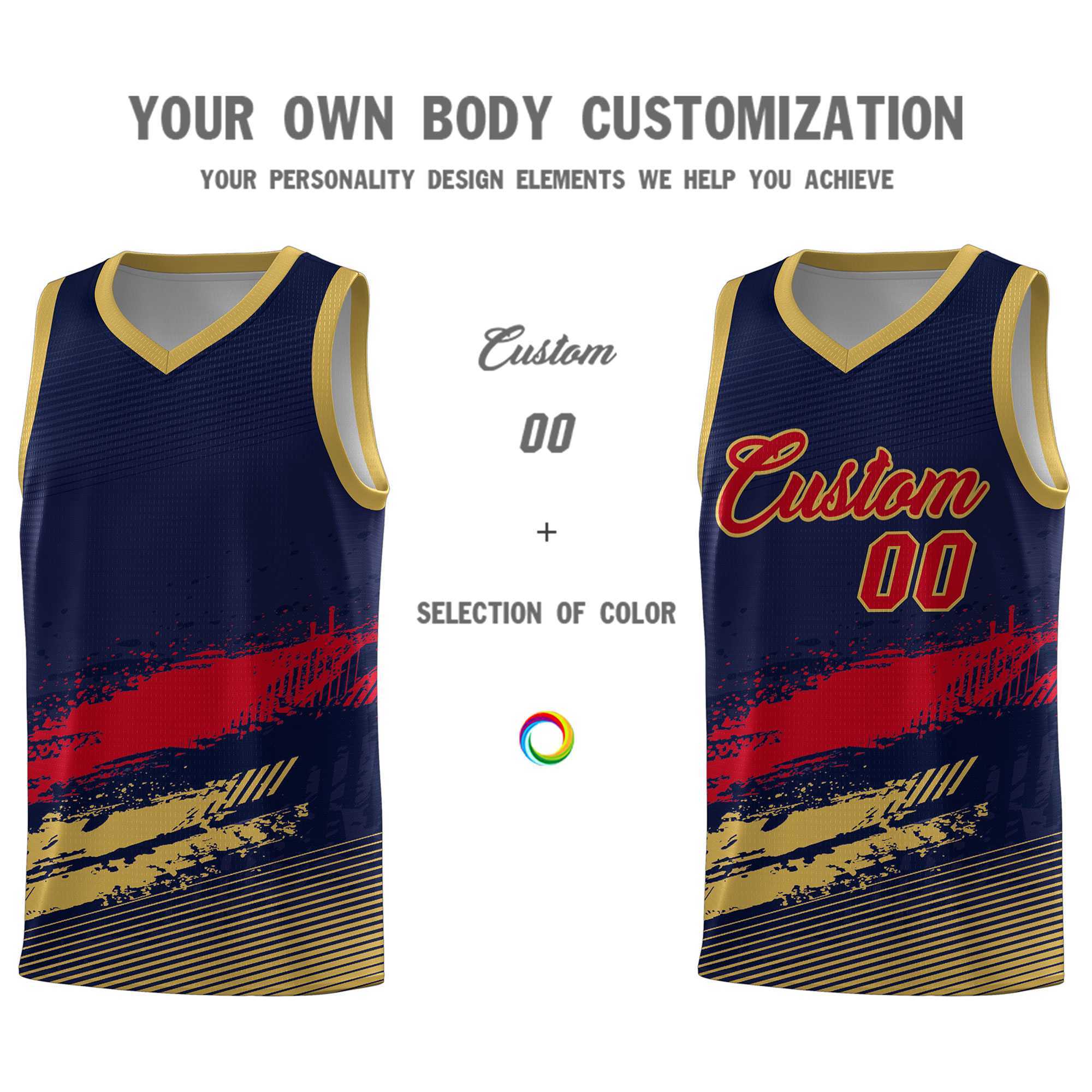 Custom Navy Red and Old Gold Graffiti Pattern Sports Uniform Basketball Jersey|KXKSHOP