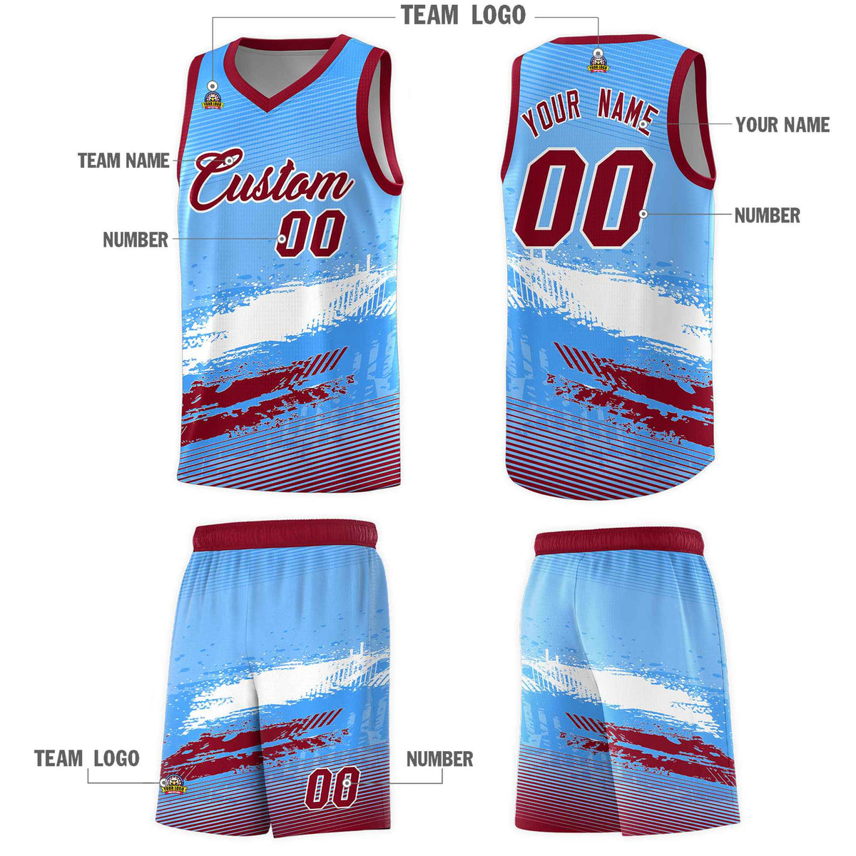 Custom Powder Blue White and Crimson Graffiti Pattern Sports Uniform Basketball Jersey|KXKSHOP