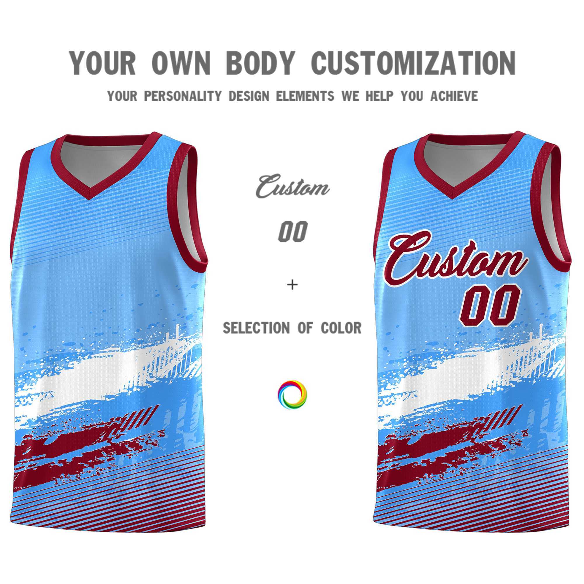 Custom Powder Blue White and Crimson Graffiti Pattern Sports Uniform Basketball Jersey|KXKSHOP