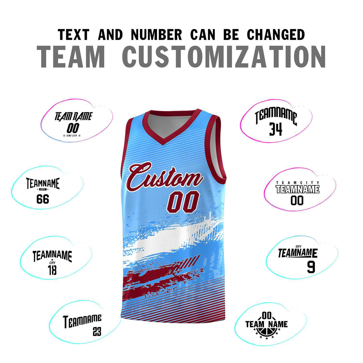 Custom Powder Blue White and Crimson Graffiti Pattern Sports Uniform Basketball Jersey|KXKSHOP
