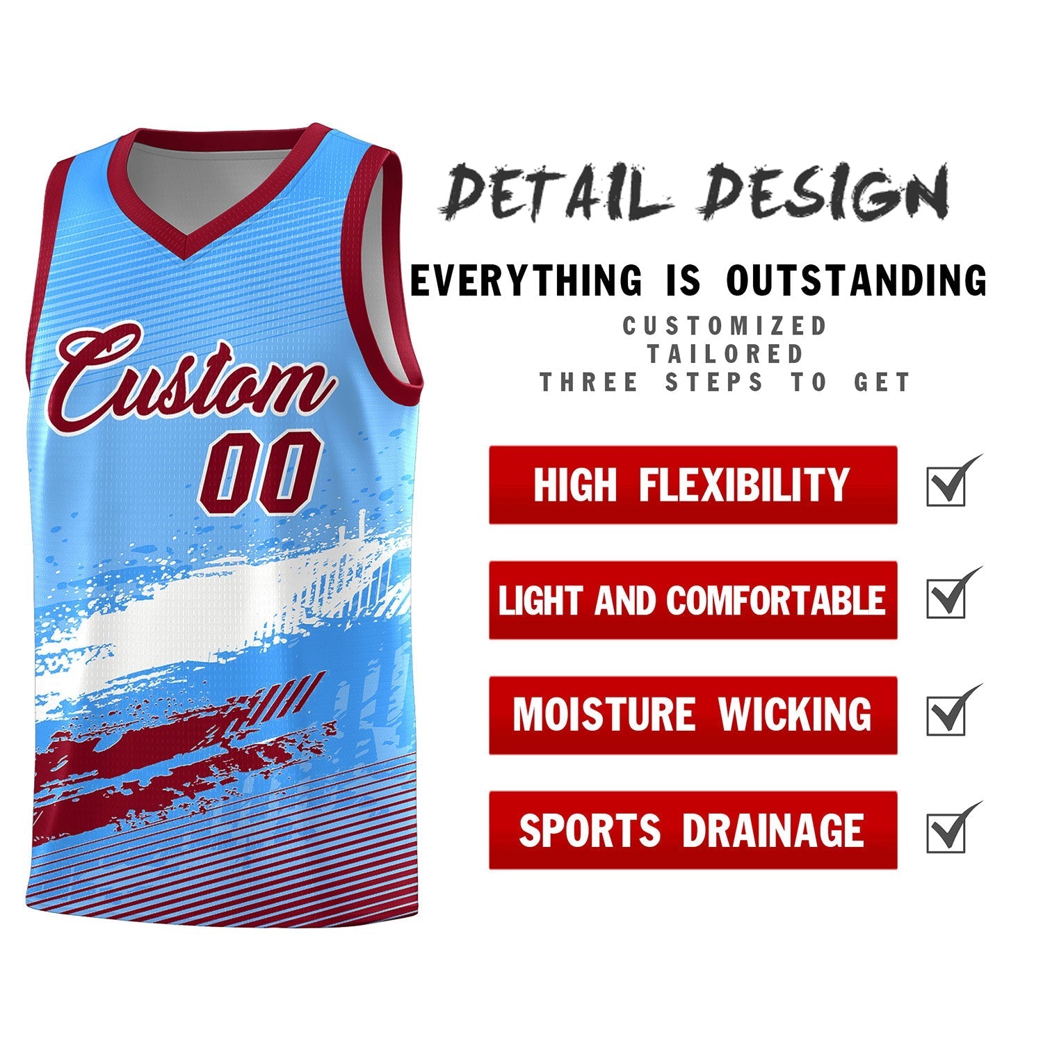 Custom Powder Blue White and Crimson Graffiti Pattern Sports Uniform Basketball Jersey|KXKSHOP