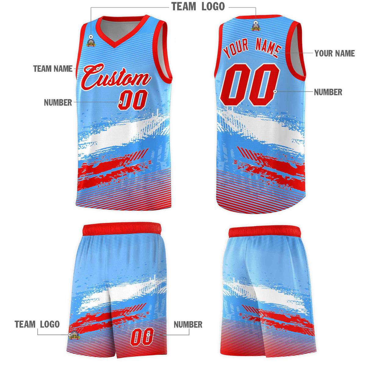 Custom Powder Blue White and Red Graffiti Pattern Sports Uniform Basketball Jersey|KXKSHOP
