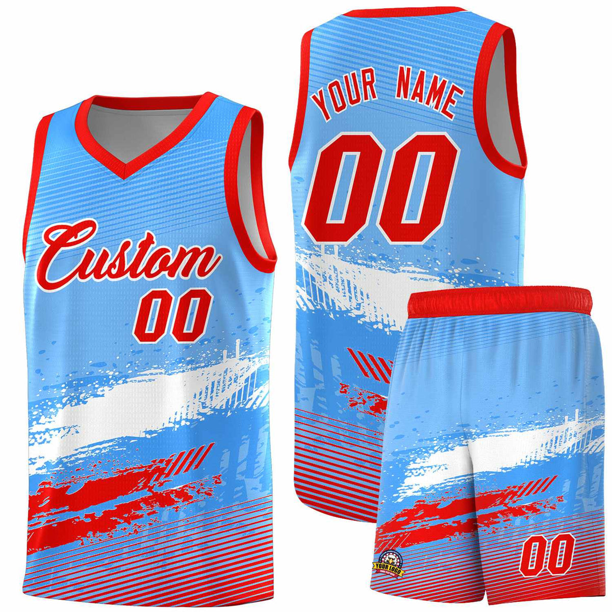 Custom Powder Blue White and Red Graffiti Pattern Sports Uniform Basketball Jersey|KXKSHOP