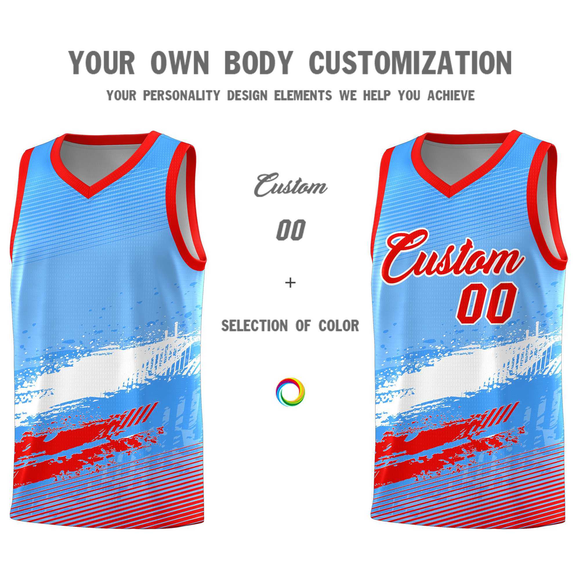 Custom Powder Blue White and Red Graffiti Pattern Sports Uniform Basketball Jersey|KXKSHOP