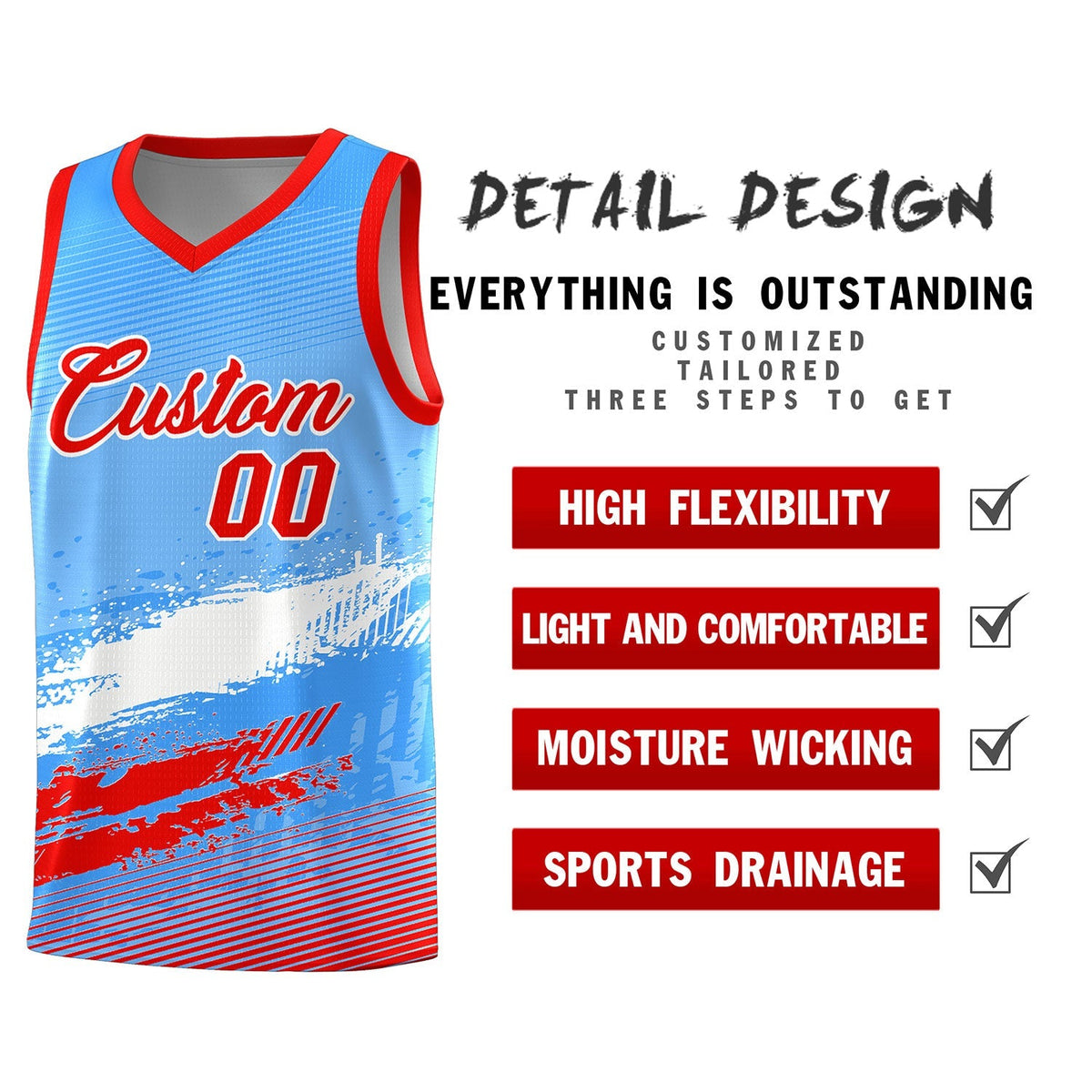 Custom Powder Blue White and Red Graffiti Pattern Sports Uniform Basketball Jersey|KXKSHOP