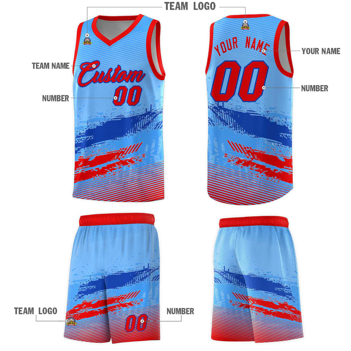 Custom Powder Blue Royal and Red Graffiti Pattern Sports Uniform Basketball Jersey|KXKSHOP