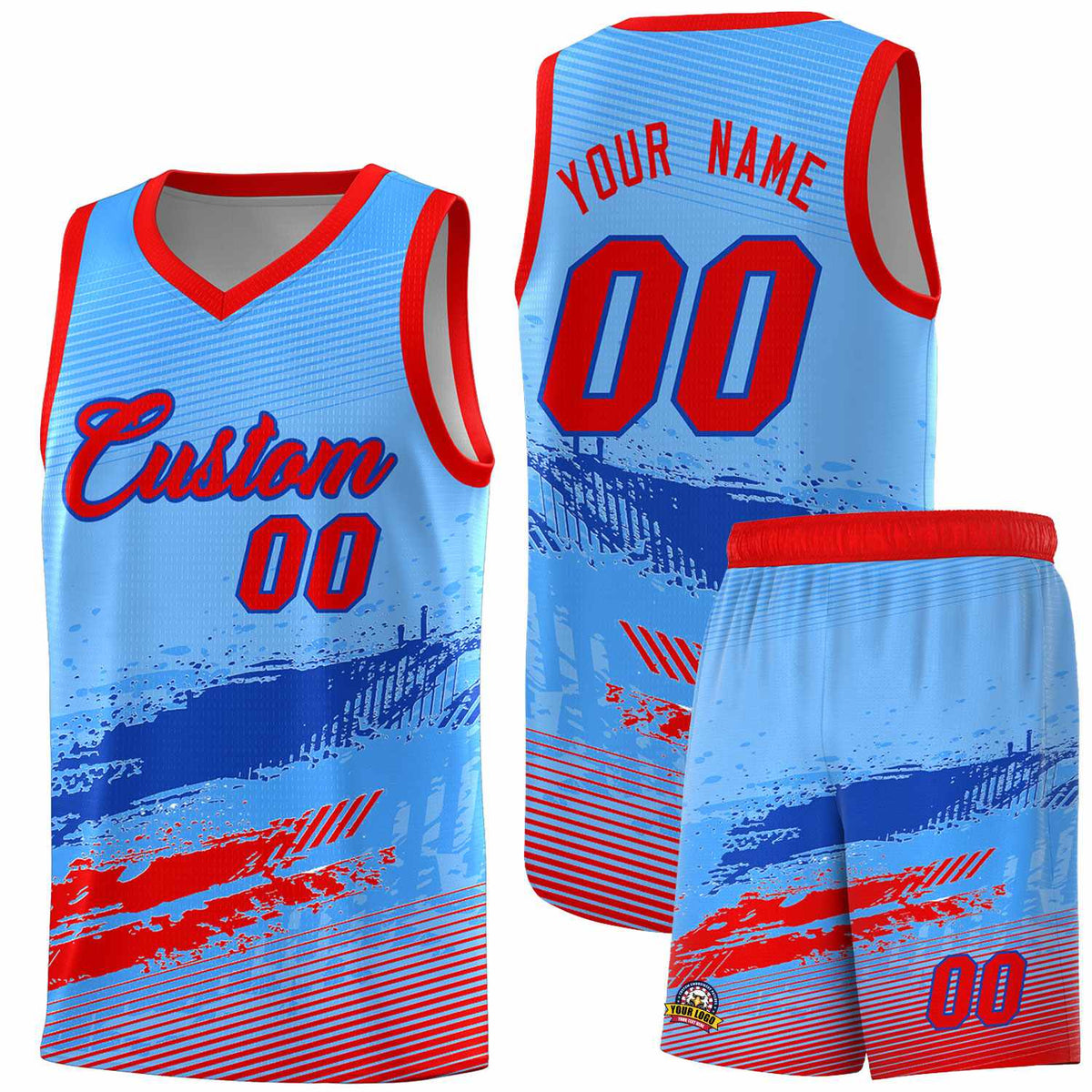 Custom Powder Blue Royal and Red Graffiti Pattern Sports Uniform Basketball Jersey|KXKSHOP