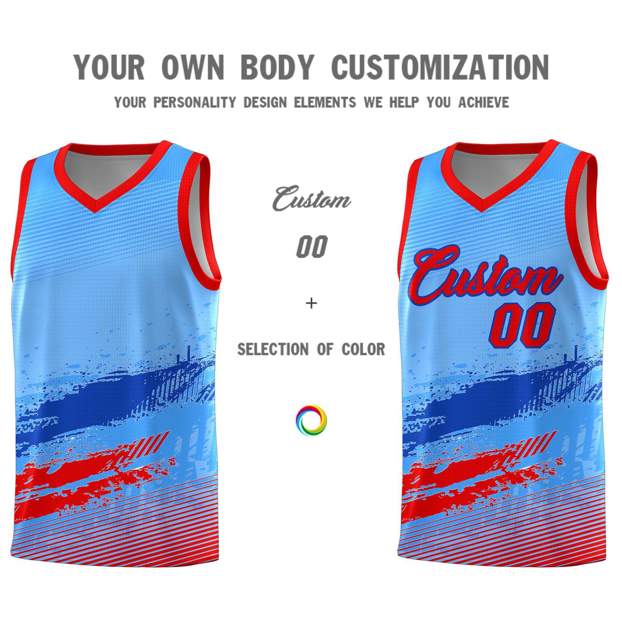 Custom Powder Blue Royal and Red Graffiti Pattern Sports Uniform Basketball Jersey|KXKSHOP