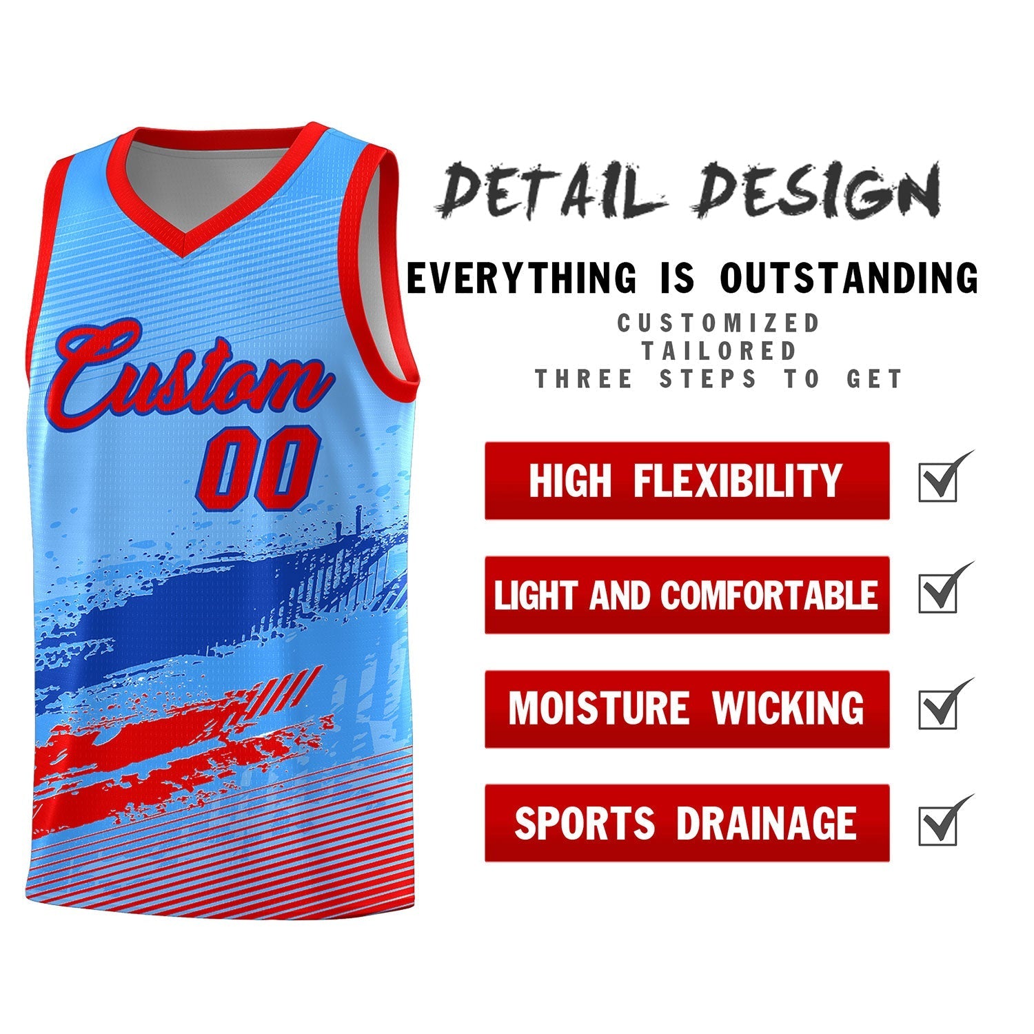 Custom Powder Blue Royal and Red Graffiti Pattern Sports Uniform Basketball Jersey|KXKSHOP