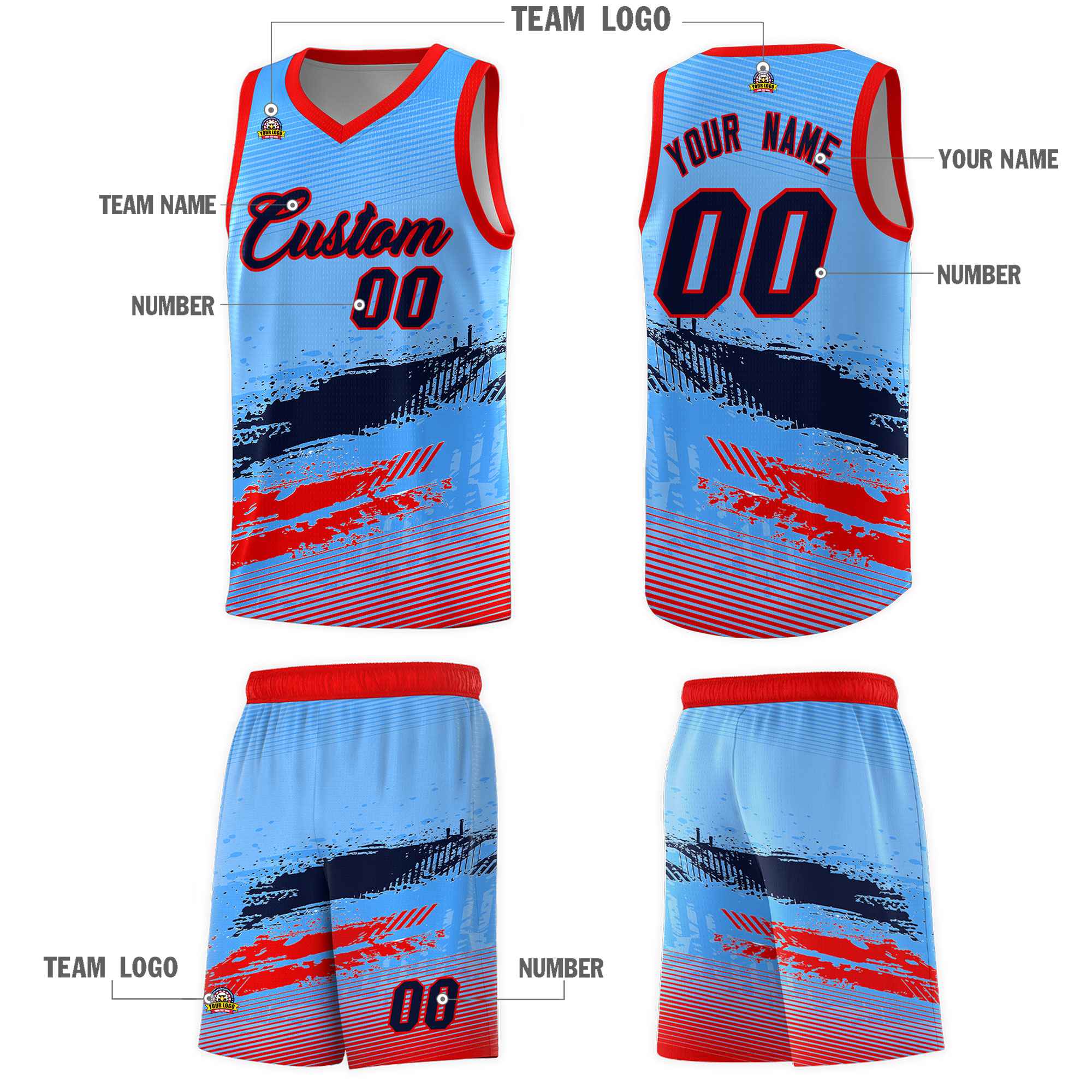 Custom Powder Blue Navy and Red Graffiti Pattern Sports Uniform Basketball Jersey|KXKSHOP
