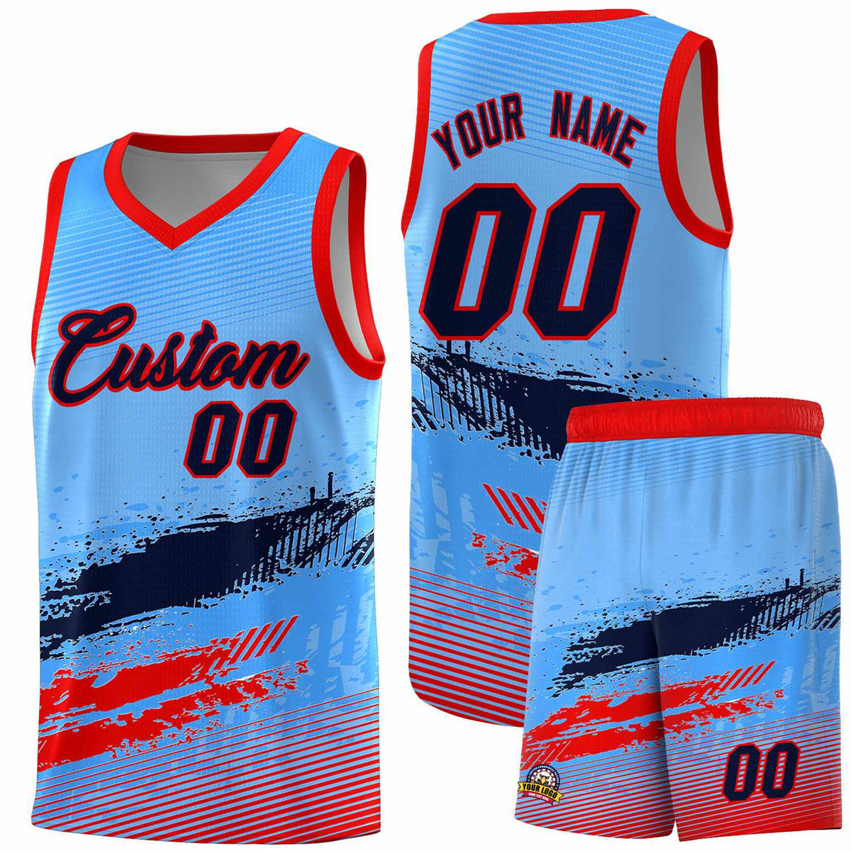 Custom Powder Blue Navy and Red Graffiti Pattern Sports Uniform Basketball Jersey|KXKSHOP