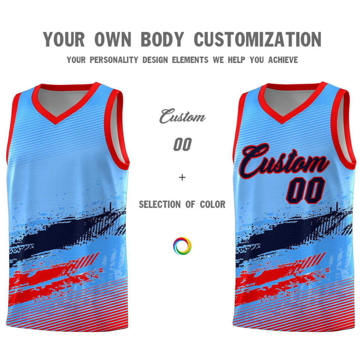 Custom Powder Blue Navy and Red Graffiti Pattern Sports Uniform Basketball Jersey|KXKSHOP