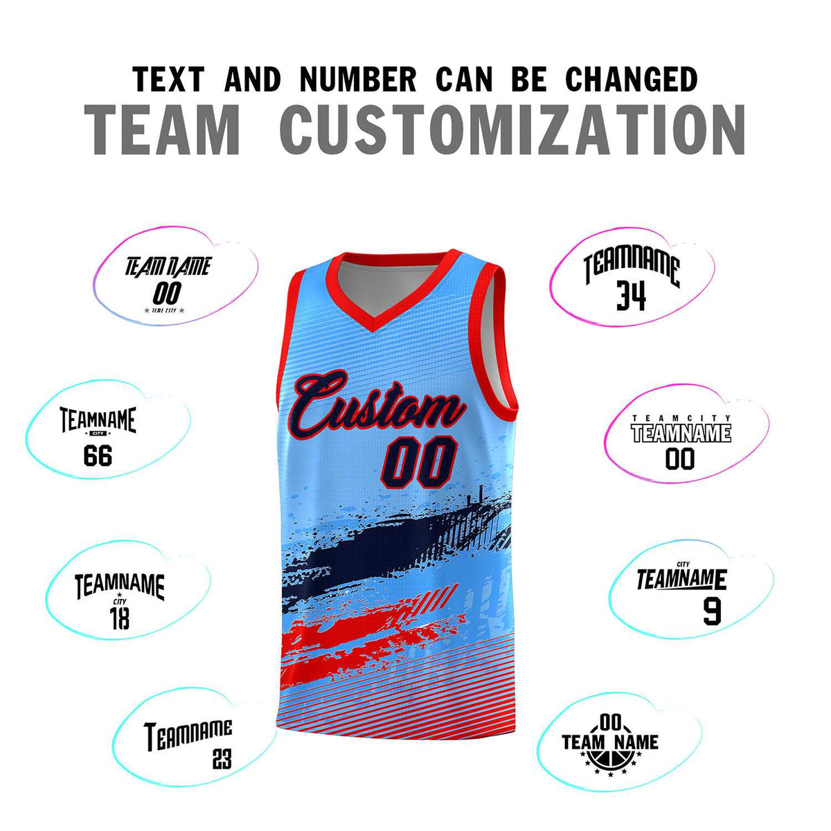 Custom Powder Blue Navy and Red Graffiti Pattern Sports Uniform Basketball Jersey|KXKSHOP