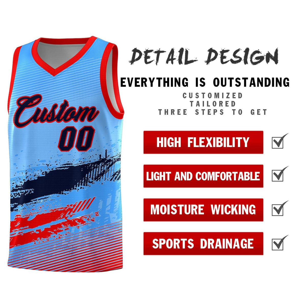 Custom Powder Blue Navy and Red Graffiti Pattern Sports Uniform Basketball Jersey|KXKSHOP