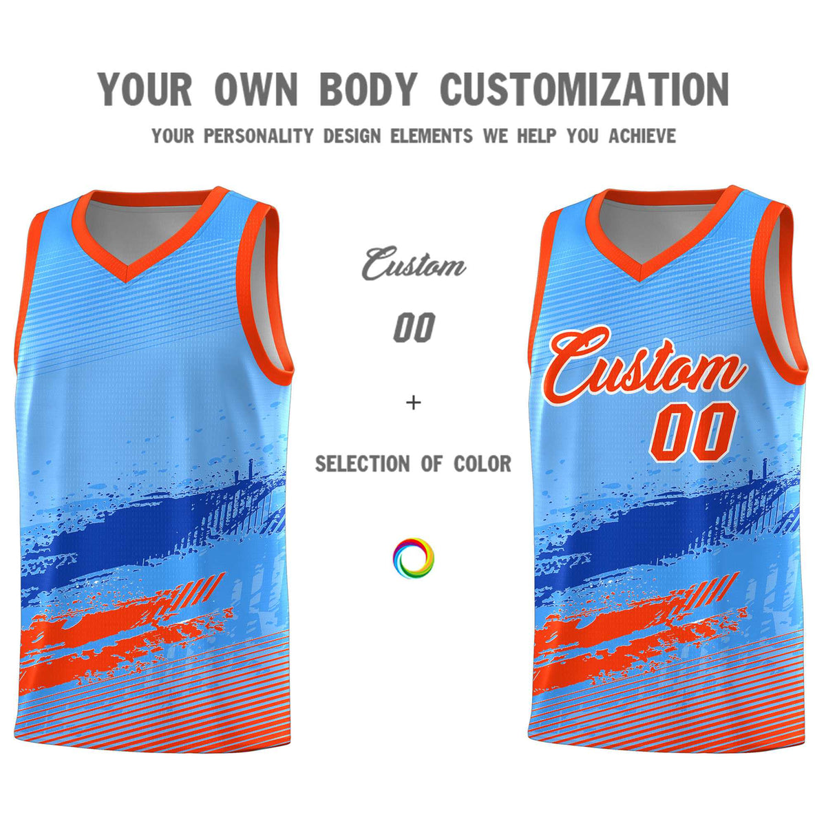 Custom Powder Blue Royal and Orange Graffiti Pattern Sports Uniform Basketball Jersey|KXKSHOP