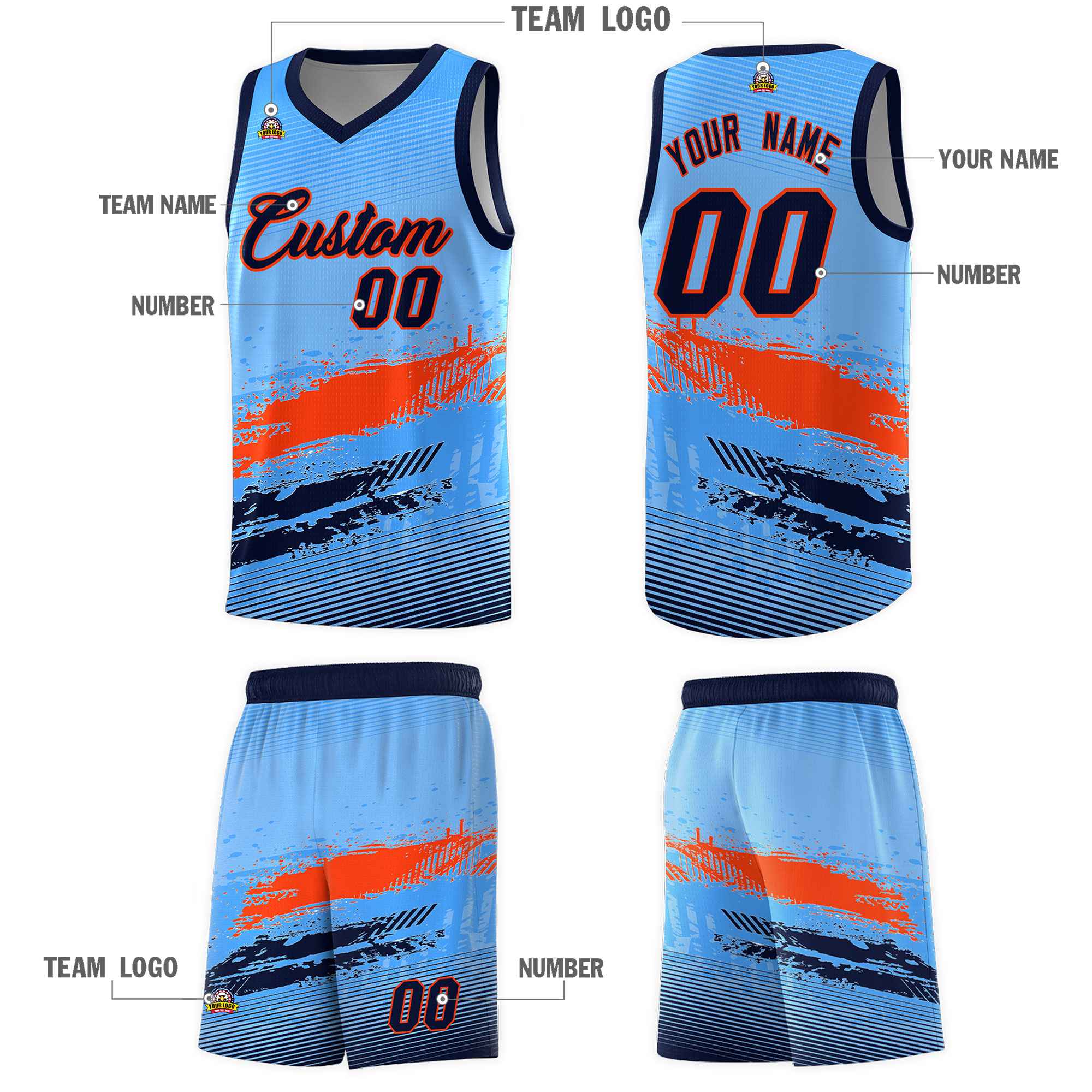 Custom Powder Blue Orange and Navy Graffiti Pattern Sports Uniform Basketball Jersey|KXKSHOP
