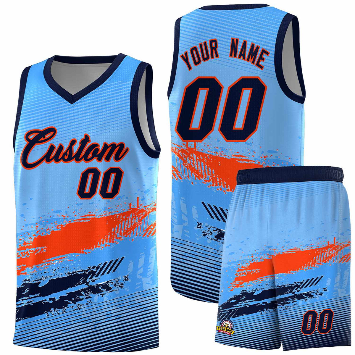 Custom Powder Blue Orange and Navy Graffiti Pattern Sports Uniform Basketball Jersey|KXKSHOP