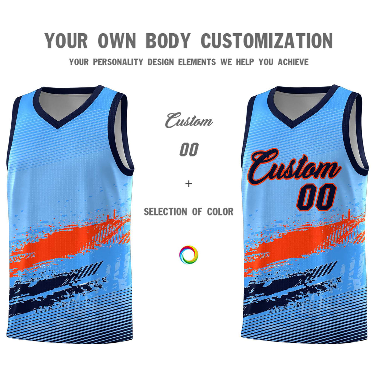 Custom Powder Blue Orange and Navy Graffiti Pattern Sports Uniform Basketball Jersey|KXKSHOP