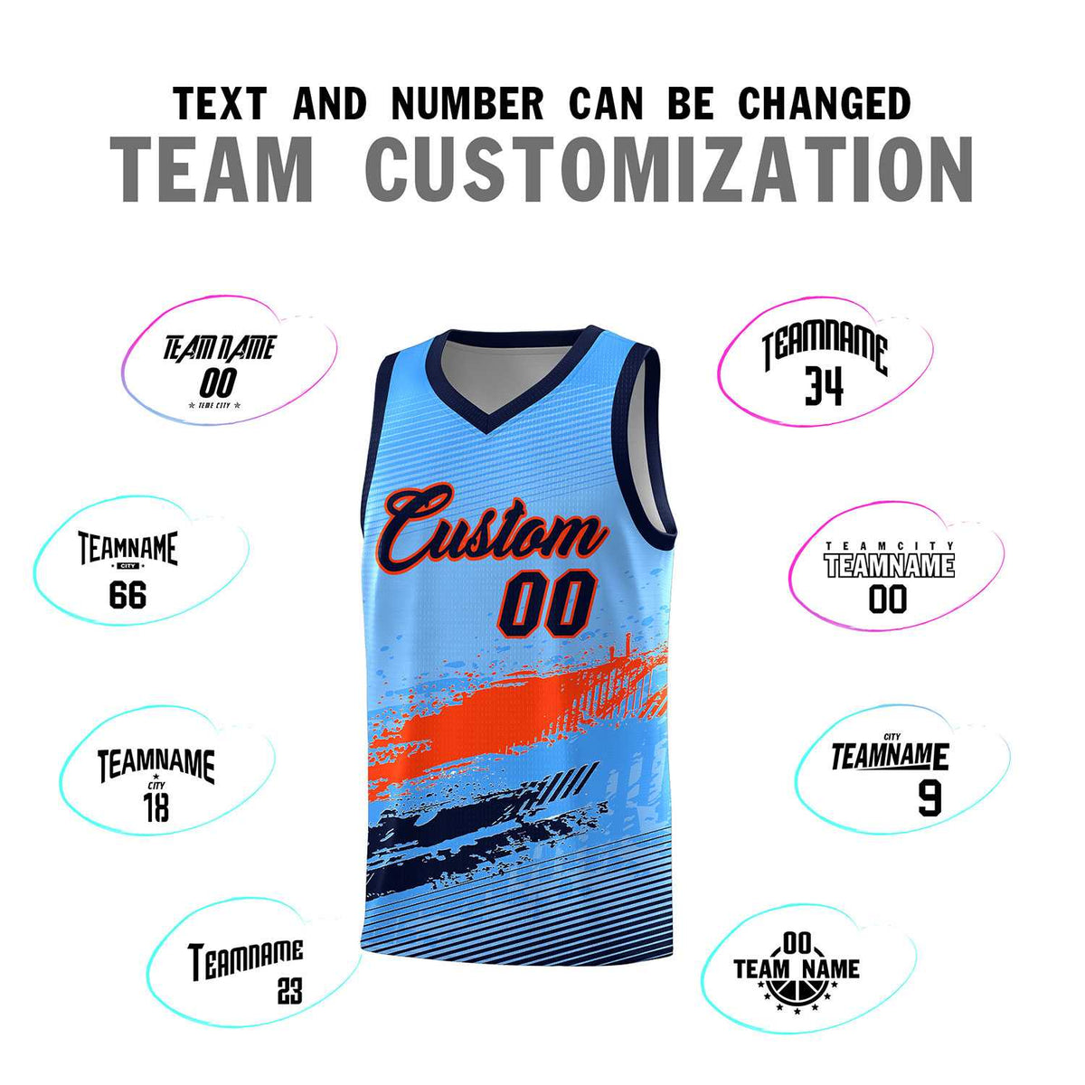 Custom Powder Blue Orange and Navy Graffiti Pattern Sports Uniform Basketball Jersey|KXKSHOP