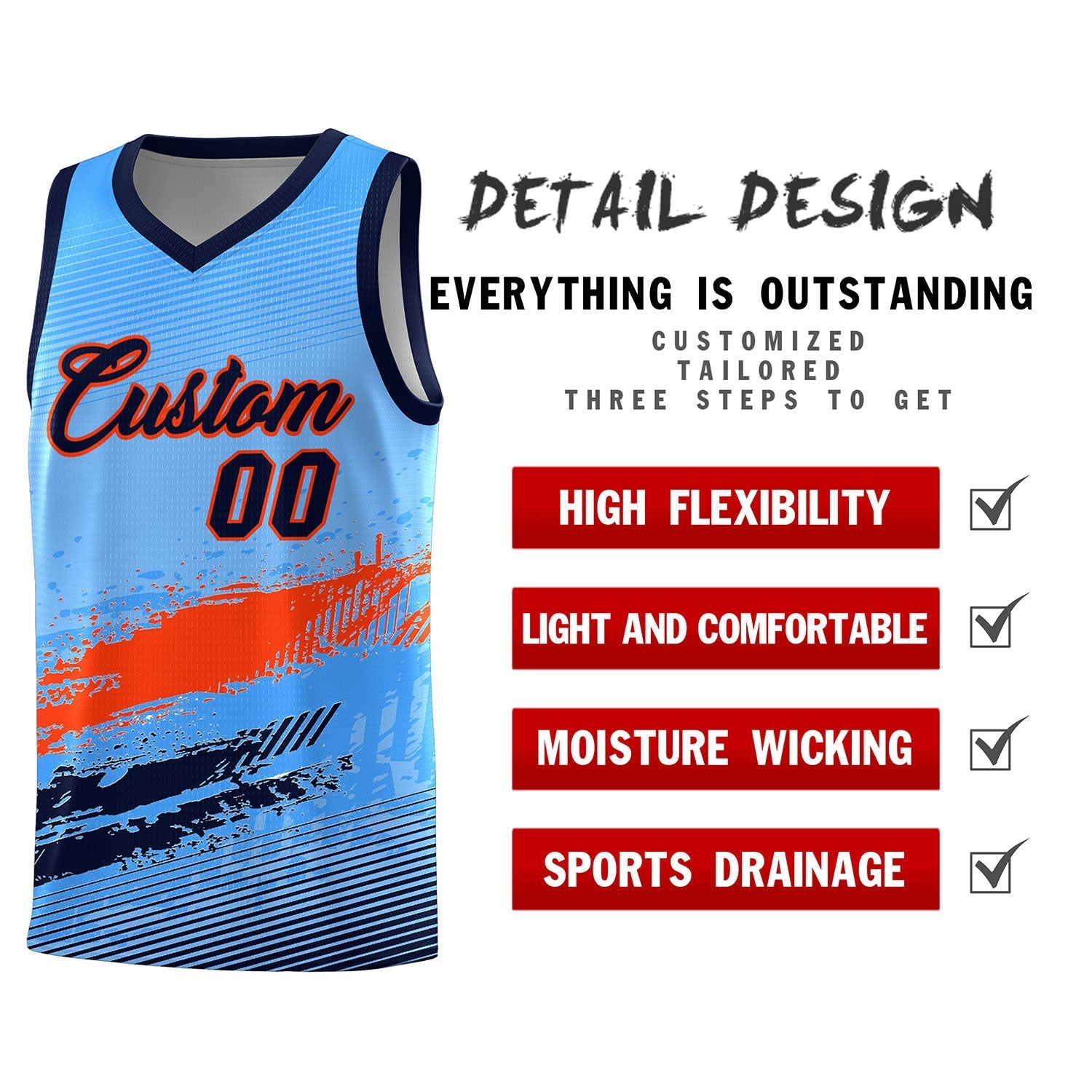 Custom Powder Blue Orange and Navy Graffiti Pattern Sports Uniform Basketball Jersey|KXKSHOP